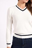 RTD&VLD Kadın VT2462 V Yaka Triko Kazak Beyaz