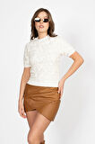 RTD&VLD Kadın Vita-181 Flow  Simli Çiçekli Kısa Kollu Triko Bluz Ekru
