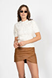 RTD&VLD Kadın Vita-181 Flow  Simli Çiçekli Kısa Kollu Triko Bluz Ekru