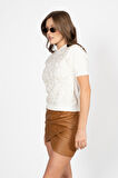 RTD&VLD Kadın Vita-181 Flow  Simli Çiçekli Kısa Kollu Triko Bluz Ekru