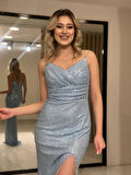 BEBE MAVİSİ İncili Yırtmaçlı Payet Abiye Elbise RK5144