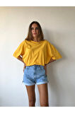 Unisex Yumuşak Pamuklu Bisiklet Yaka Sarı Basic Oversize T-shirt