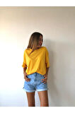 Unisex Yumuşak Pamuklu Bisiklet Yaka Sarı Basic Oversize T-shirt
