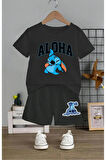 Çocuk Tasarım Stitch Aloha Baskılı T-Shirt Şort Alt Üst Takım %100 Pamuk