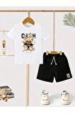 Çocuk Tasarım Bear Cash Baskılı T-Shirt Şort Alt Üst Takım %100 Pamuk