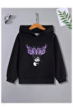 Çocuk Tasarım Kuromi Mor Baskılı Kapüşonlu Sweatshirt Pamuklu