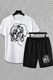 Aesthetic Kadın Çizim Baskılı şort Ve T-shirt Alt Üst Takımı