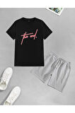 Unisex Kırmızı The End Baskılı Şort-t-shirt Takımı