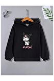 Çocuk Tasarım Kuromi Kalp Baskılı Kapüşonlu Sweatshirt Pamuklu
