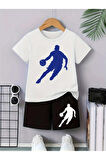 Kız\Erkek Çocuk Beyaz-Siyah Basketbolcu Baskılı Penye Şort-Tshirt Takım