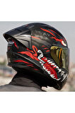 Rapıd 2 Race Kaıju Mat Siyah-Kırmızı Fullface Motosiklet Kaskı Gold Camlı
