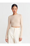 Dilvin Kadın Uzun Kollu Crop Top Açık Bej Bluz - 31236 