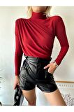 Kadın Kırmızı Dik Yaka Sandy Kumaş Büzgü Detaylı Bluz