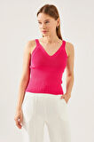 Kadın Fuşya Kolsuz Askılı Bel ve Yaka Detaylı Yazlık Atlet Triko Bluz