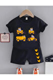 Çocuk Tasarım Kamyon Kepçe Makine Baskılı T-Shirt Şort Alt Üst Takım %100 Pamuk