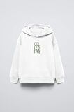 Beyaz Kapüşonlu Collective Yazılı Arka Fly Kn It Yazılı Oversize Çocuk Sweatshirt