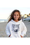 Kapüşonlu İçi Polar New York Yazı Baskılı Beyaz Unisex Çocuk Hoodie Sweatshirt