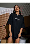 Siyah Blessed Yazılı Oversize Penye T-shirt