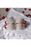 4 lü Kırmızı Minik Kalpler Çizimli El Yapımı Doğal Seramik Kalp Kupa / Mug - Çay&Kahve Fincanı