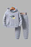 Unisex Çocuk Gri Kapüşonlu Sweatshirt ve Eşofman Altı Takımı Araba Baskılı