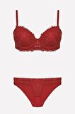 4487 Kadın Bordo Balenli Dantelli Destekli Push-up Sütyen Takım