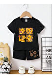 Çocuk Tasarım Aslan Patili Baskılı T-Shirt Şort Alt Üst Takım %100 Pamuk