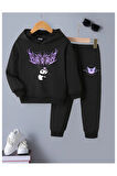 Çocuk Tasarım Kuromi Mor Baskılı Kapüşonlu Sweatshirt Pamuklu