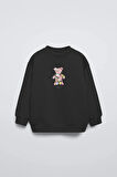 Siyah Çocuk Çiçekli Ayıcık Baskılı Bisiklet Yaka Oversize Sweatshirt