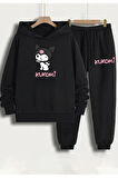 Kız Çocuk Unicorn Kalp Baskılı Kapüşonlu Sweatshirt Eşofman Takımı