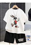 Çocuk Tasarım Bugs Bunny Baskılı T-Shirt Şort Alt Üst Takım %100 Pamuk