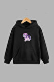 Unisex Çocuk Siyah Kapüşonlu Sweatshirt ve Eşofman Altı Takımı Mor Unicorn Baskılı