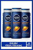 Men Erkek Canlandırıcı Banyo Ve Duş Jeli Sports 500ml, Vücut Yüz Saç, Yenileyici Mineral, X3 Adet