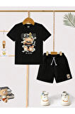Çocuk Tasarım Bear Cash Baskılı T-Shirt Şort Alt Üst Takım %100 Pamuk