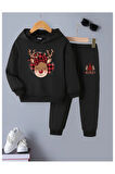 Çocuk Tasarım Merry Geyik Ekose Baskılı Kapüşonlu Sweatshirt Pamuklu