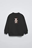 Füme Çocuk Çiçekli Ayıcık Baskılı Bisiklet Yaka Oversize Sweatshirt
