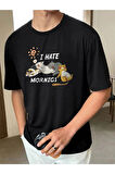 I Hate Mornings Sevimli Kediler Baskılı Oversize T-shirt