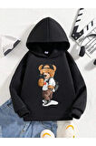 Tatlı Ayıcık Baskılı Siyah Çocuk Kapşonlu Sweatshirt