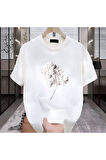 Beyaz Çiçek Baskılı Siyah Erkek Tshirt