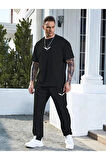 Wings T-shirt Eşofman Altı Jogger- Siyah Baskılı Alt Üst Eşofman Takım Oversize Bisiklet Yaka