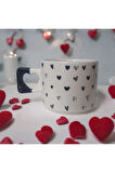 2 li Siyah Minik Kalpler Çizimli El Yapımı Doğal Seramik Kalp Kupa Bardak / Mug - Çay&Kahve Fincanı