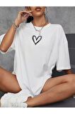 LUNAVISTA Kadın Siyah Kalp Baskılı Oversize T-shirt