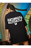Kadın Antisocial Baskılı Oversize Penye T-shirt Tişört