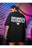 Kadın Antisocial Baskılı Oversize Penye T-shirt Tişört