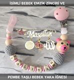 İsimli Bebek Emzik Zinciri ve Pembe Taşlı Bebek Yaka İğnesi