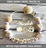 İsimli Bebek Emzik Zinciri ve Beyaz Taşlı Bebek Yaka İğnesi