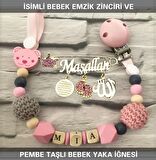 İsimli Bebek Emzik Zinciri ve Pembe Taşlı Bebek Yaka İğnesi