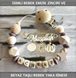 İsimli Bebek Emzik Zinciri ve Beyaz Taşlı Bebek Yaka İğnesi