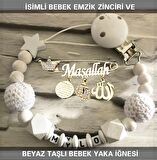 İsimli Bebek Emzik Zinciri ve Beyaz Taşlı Bebek Yaka İğnesi