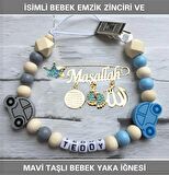 İsimli Bebek Emzik Zinciri ve Mavi Taşlı Bebek Yaka İğnesi