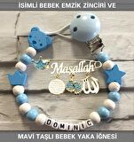 İsimli Bebek Emzik Zinciri ve Mavi Taşlı Bebek Yaka İğnesi